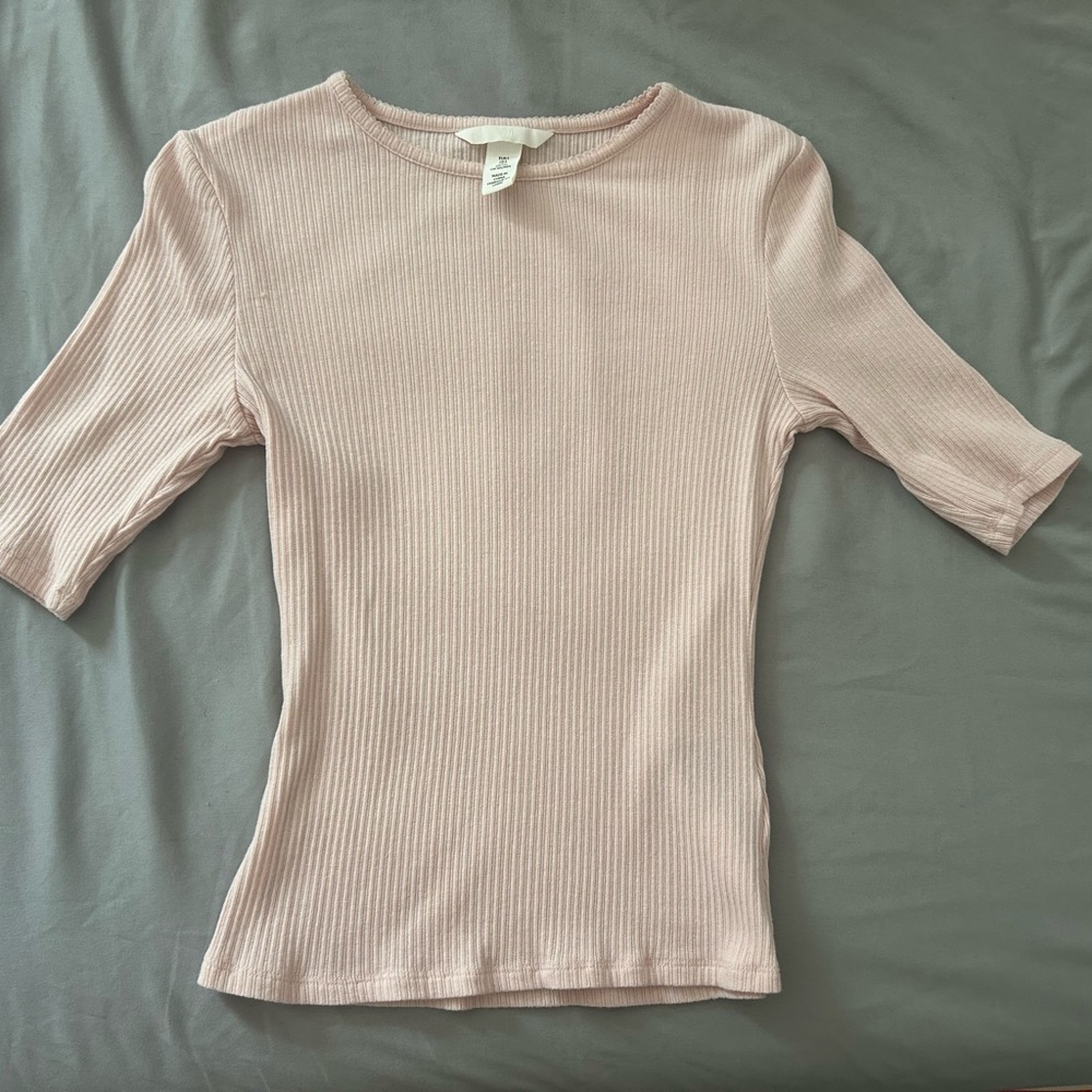 H&M Ribbed Elbow-Sleeve Tee in Pale Pink